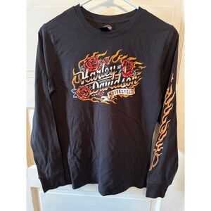 Harley Davidson Womens Long Sleeve Graphic Tee‎ Black Rose Flame XS